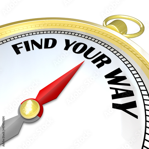 Illustration: Find Your Way - Gold Compass Gives Directions to Traveler Find Your Way - Gold Compass Gives Directions to Traveler