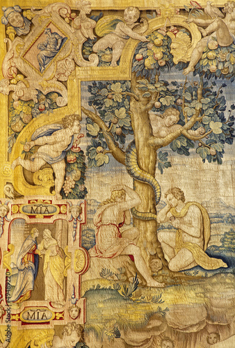 Photo: Bergamo - Adam and Eva in the Paradise - Tapestry from cathedral Bergamo - Adam and Eva in the Paradise - Tapestry from cathedral