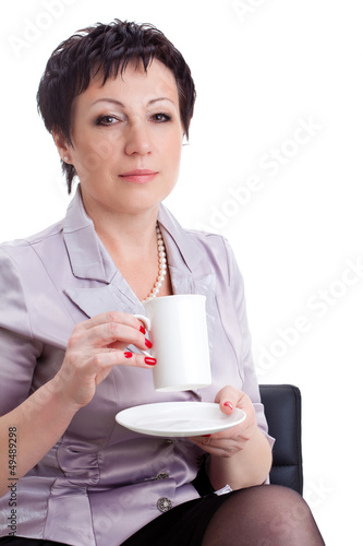 Photo: closeup portrait of businesswoman with cup closeup portrait of businesswoman with cup