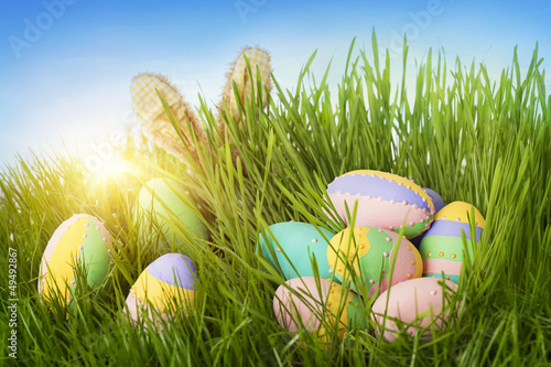 Photo: Colorful easter eggs and rabbit Colorful easter eggs and rabbit
