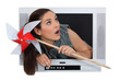 Woman crossing TV screen