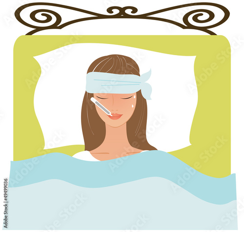 Illustration: Young woman laying in bed feeling sick Young woman laying in bed feeling sick
