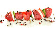 Raw beef meat and vegetables on skewer isolated on white