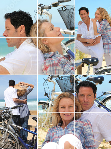 Photo: Collage of a couple with bikes by the sea Collage of a couple with bikes by the sea