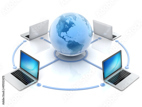 Illustration: internet, global network, computers around globe internet, global network, computers around globe