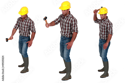 Photo: Multiple shot of handyman with hammer Multiple shot of handyman with hammer