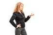 A professional woman in a suit shot during a conversation