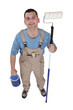 Decorator holding paint roller and pot