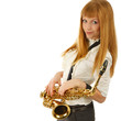 Portrait of Young smiling woman with saxophone
