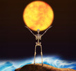 skeleton on top of rock. Mountain, sunset or sunrise