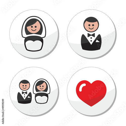 Vector: Groom and bride on round white labels Groom and bride on round white labels