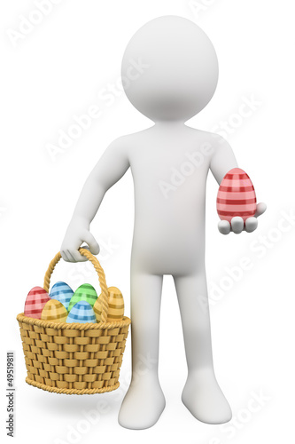 Illustration: 3D white people. Basket with easter eggs 3D white people. Basket with easter eggs