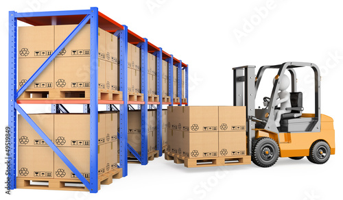Illustration: 3D white people. Forklift in a warehouse 3D white people. Forklift in a warehouse