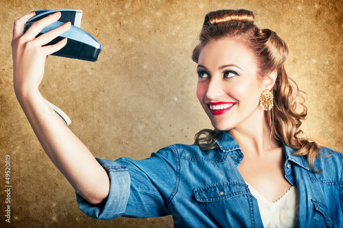 Photo: Beautiful Retro Woman Taking Selfie With Camera Beautiful Retro Woman Taking Selfie With Camera
