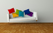 schwebendes Sofa mit bunten Kissen