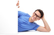 Man lying down with blank poster