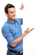 Smiling man by blank copy space