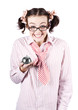 Nerd Sales Woman Holding Service Bell Over White