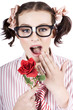 Shocked Romantic Nerdy Girl Holding Red Rose