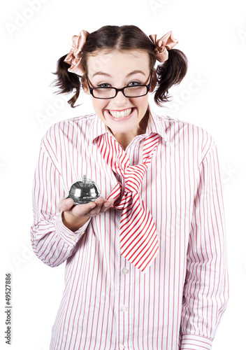 Photo: Nerd Sales Woman Holding Service Bell Over White Nerd Sales Woman Holding Service Bell Over White