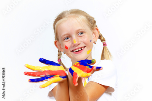 Photo: happy child with paint on the hands happy child with paint on the hands
