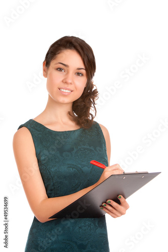 Photo: Young woman holding clipboard Young woman holding clipboard