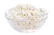 Fresh cottage cheese (curd) in glass bow, isolated on white back