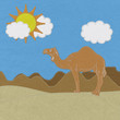 Lone Camel in the Desert sand with stitch style on fabric backgr