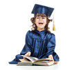 Emotional funny child in academician clothes  with book