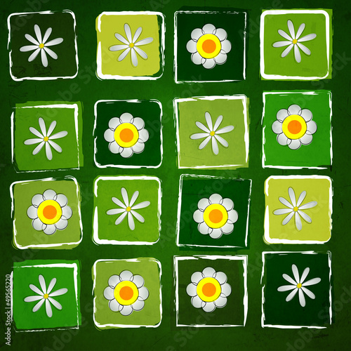 Illustration: white flowers in squares over green old paper background white flowers in squares over green old paper background