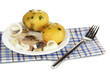 Dish of herring and potatoes on plate isolated on white