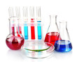 Test-tubes and green leaf tested in petri dish, isolated