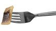 Piece of herring on fork isolated on white