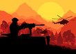 Army soldier with helicopters, guns and transportation in wild d