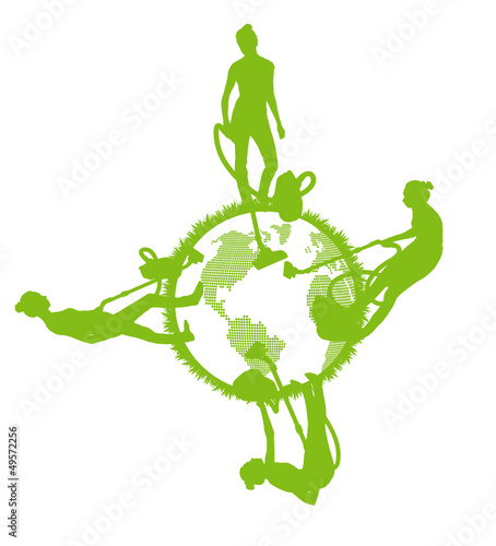 Vector: Cleaners cleaning planet vector background ecology concept Cleaners cleaning planet vector background ecology concept
