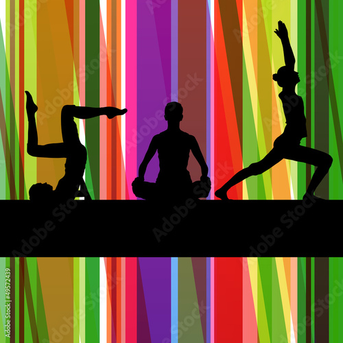Vector: Women gymnastic exercises fitness illustration colorful line bac Women gymnastic exercises fitness illustration colorful line bac