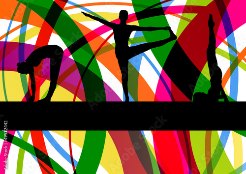 Vector: Women gymnastic exercises fitness illustration colorful line bac Women gymnastic exercises fitness illustration colorful line bac
