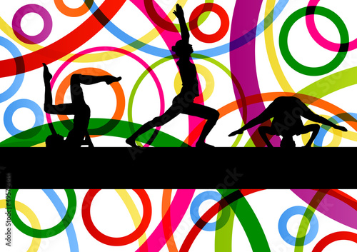 Vector: Women gymnastic exercises fitness illustration colorful line bac Women gymnastic exercises fitness illustration colorful line bac