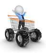 Happy 3d small person in a shopping trolley.