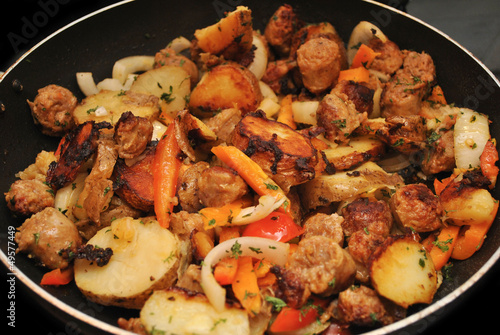 Photo: Cooked Sausage, Onions, Potatoes, and Peppers Cooked Sausage, Onions, Potatoes, and Peppers