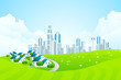 Vector: Green Landscape with City line and Cottage Village Green Landscape with City line and Cottage Village