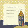 Cute vector card with cartoon house on polka dot background