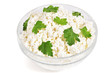 Fresh cottage cheese (curd) in glass bow, isolated on white back