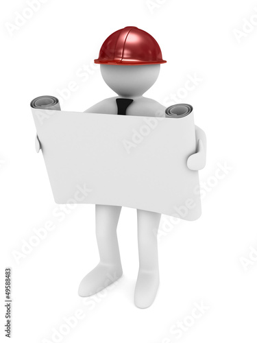 Illustration: engineer in helmet on white background. Isolated 3D image engineer in helmet on white background. Isolated 3D image