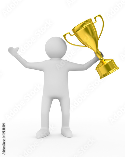 Illustration: winner with gold cup on white background. Isolated 3D image winner with gold cup on white background. Isolated 3D image