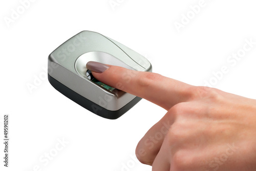 Photo: Finger on biometric scanner isolated on white Finger on biometric scanner isolated on white