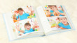 Open photo album with pictures on white carpet