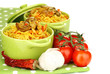 Delicious pilaf with vegetables isolated on white