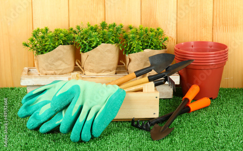 Photo: Garden tools on grass in yard Garden tools on grass in yard