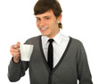 Close-up portrait of young smiling man with a cup